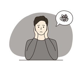 Sad young boy in bad mood with messy thoughts in head. Anxiety, negative, emotions, depression, stress, mental health concept. Hand drawn cartoon character  vector design illustration.
