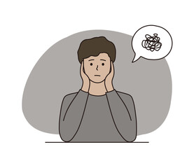 Sad young boy in bad mood with messy thoughts in head. Anxiety, negative, emotions, depression, stress, mental health concept. Hand drawn cartoon character  vector design illustration.