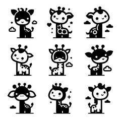 Adorable Nine Baby Giraffes Illustrations. Set of silhouettes. black and white colors