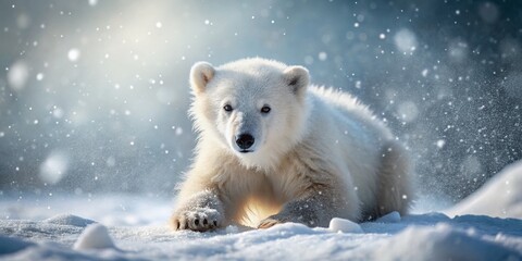 Naklejka premium Adorable Ice Bear Cub Playing in the Snow: A Charming Winter Scene Captured with the Rule of Thirds for Nature and Wildlife Photography Enthusiasts