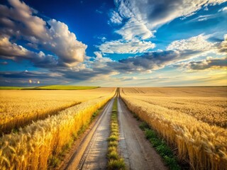 Fototapeta premium Dusty Road Stretching to the Horizon Alongside Golden Wheat Fields Creating a Serene Landscape with Ample Copy Space for Text and Visual Elements in the Rule of Thirds Composition