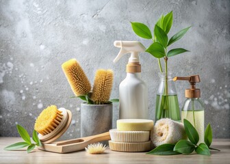 Eco-Friendly Cleaning Products: Eco Brushes, Sponges, and Spray Bottle for Safe and Sustainable Cleaning on a Light Grey Background