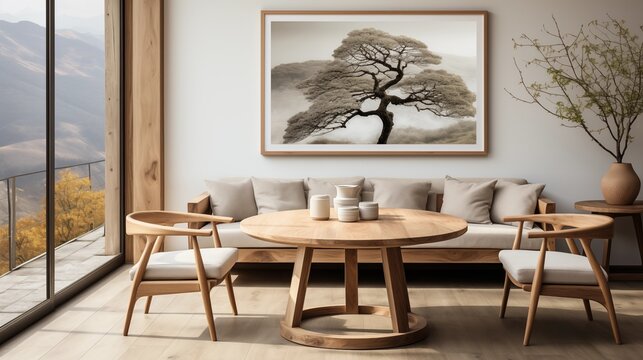Japandi-inspired dining area with a round wooden table and rustic chairs. Beige sofa and framed art complete the minimalist yet warm interior.