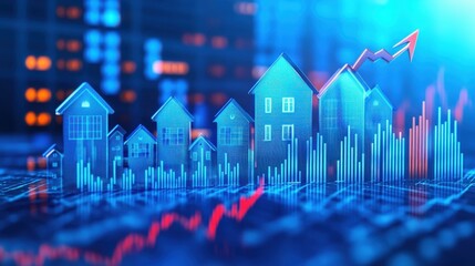 Digital Houses Rising with a Red Arrow in a Blue and Red Graphic Background