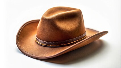 Elegant Brown Cowboy Hat on Crisp White Background Captured with Tilt-Shift Photography for a Unique Perspective and Style Appeal