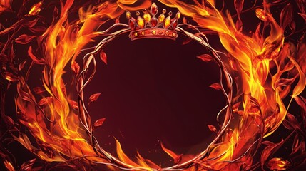 Fototapeta premium A circular frame made of flickering orange fire and scattered glowing red embers provides a passionate background for marketing copy or design.