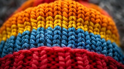 A close-up view of a vibrant, hand-knit hat with a colorful striped pattern, showcasing the intricate details of the knitting stitches.