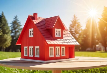 A red house model on a sunny background with blue sky and clouds