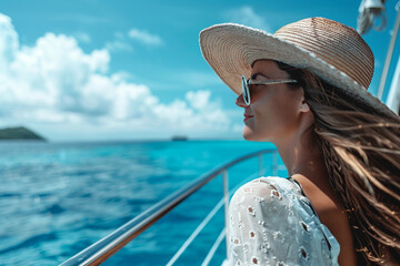 AI generated photo of happy attractive woman traveling on cruise