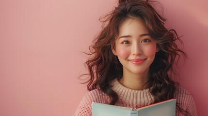 Joyful reading moment cozy indoor space portrait photography soft pink background close-up view embracing happiness