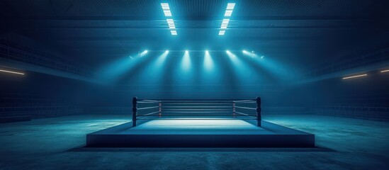 Empty Boxing Ring Under Blue Lights: A Dramatic Scene