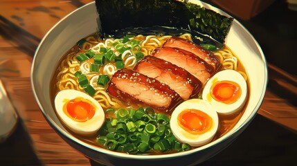 A steaming bowl of ramen is served with tender slices of pork, garnished with soft-boiled eggs, green onions, and sheets of seaweed. The dish is presented on a wooden table, inviting a hearty meal.