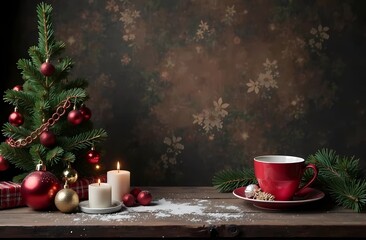 Fototapeta premium Christmas frame with wooden background. with copy image space. Space to add text or design. Christmas frame with fir tree and new year decorations. 