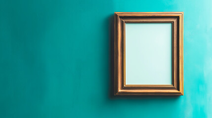 Empty frame on a turquoise wall blank copy space mock up for designers. Minimalistic design turquoise background.