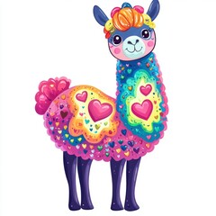 Naklejka premium Cute llama or alpaca with a colorful heart pattern in a cartoon style, vector illustration clipart 