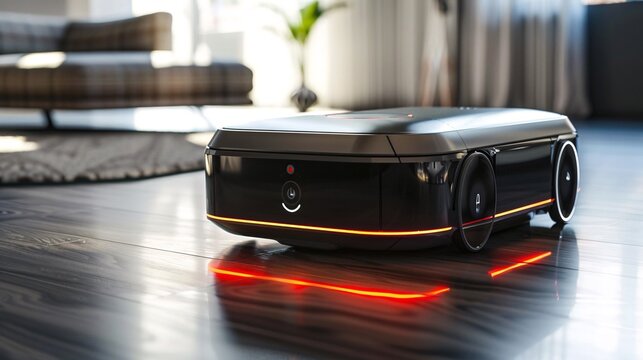 Futuristic robotic device with glowing red lights and reflective black surface representing advanced intelligence and modern machinery