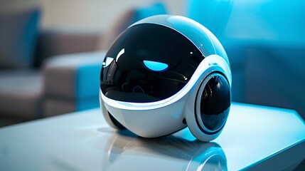 Fototapeta premium Sleek and advanced robotic device with blue lighting sitting on a minimalist desk representing the concept of intelligence and innovative technology for the future