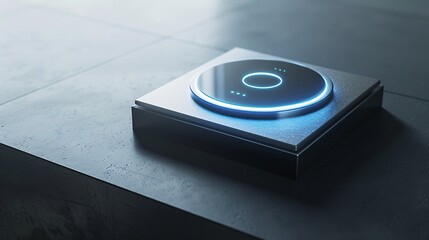 Sophisticated and modern illuminated technology device with circular glowing interface and controls sitting on a dark minimal studio background  Futuristic and digital concept for smart home