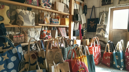 Naklejka premium A creative studio filled with handmade shopping bags, each with distinctive, one-of-a-kind designs
