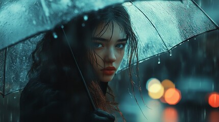 Rain Girl with Umbrella. Watercolor. 8K Realistic Lighting