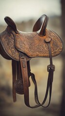 An Argentine leather saddle displays intricate patterns set against a blurred backdrop