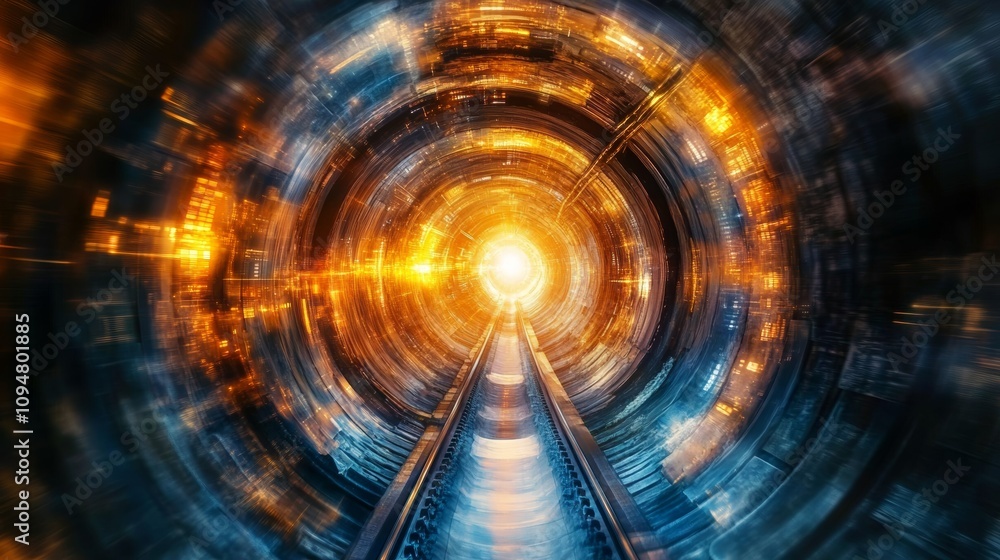 Poster digital data tunnel, futuristic technology and high-speed data transfer with motion blur