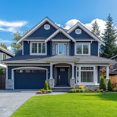 Modern Blue House with Lush Green Landscape