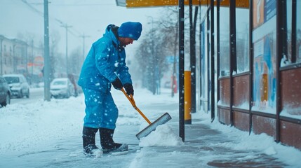 Man in blue jumpsuit shovels snow from sidewalk during blizzard outside a store.