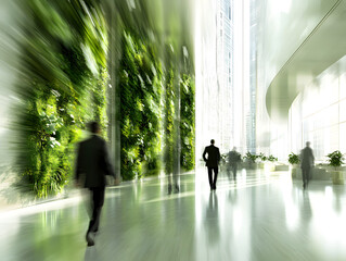 	
Abstract long exposure motion crowd business people walking commercial centre corporate green office in modern city lobby. Green sustainability natural light indoor plants garden environment