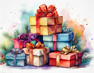 Fototapeta premium A pile of watercolor christmas present boxes.