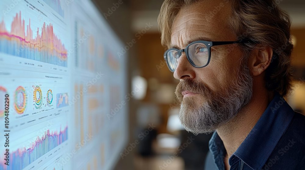 Poster a skilled analyst studies intricate graphs and charts on a large screen, showcasing data trends and 