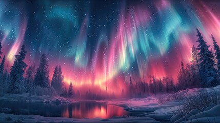 Fototapeta premium The Northern Lights, pink, blue and green auroras appear in arcs under the starry sky. The pine trees covered with rime are reflected by the aurora into pink treetops.