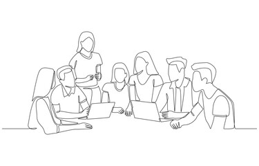 Continuous one line drawing of employees wearing casual clothes meeting in office, discussing work in modern office concept, single line art.