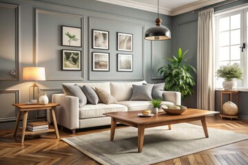 Vintage Style Living Room with Bright Airy Atmosphere and Modern Touches Featuring White Sofa and Wooden Coffee Table