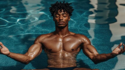 A person meditating in a serene pool during the late afternoon sunlight
