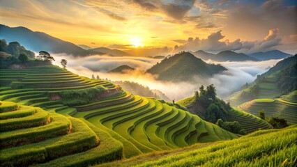 Fototapeta premium Serene Sunrise Over Curved Rice Terraces in Asia: Foggy Mountain Landscape with Lush Paddy Fields Bathed in Warm Morning Light