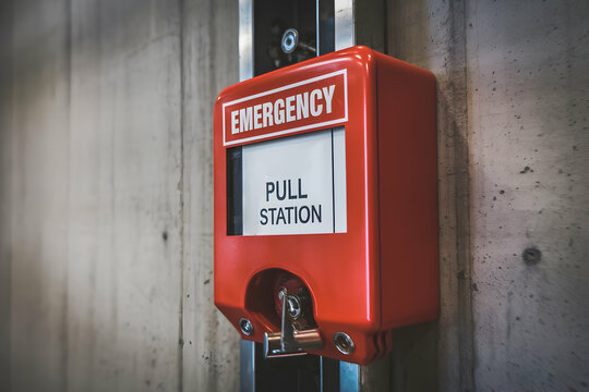 Fire alarm evacuation installation concept. A red emergency pull station mounted on a concrete wall, designed for immediate alert in case of emergencies.