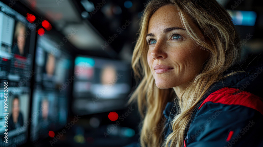 Poster a woman engaged in data analysis in a tech-driven setting, intently observing multiple screens fille