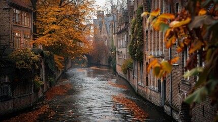 Fototapeta premium Discover the Enchantment of Autumn in the Scenic Canals of Historic Bruges, Belgium