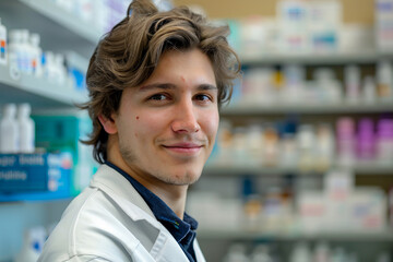 Obraz premium Pharmacist with a white lab coat standing confidently in front of medicine shelves generative AI