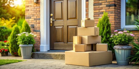 Stacked Packages Delivered at Front Door: A Cozy Scene of Online Shopping Convenience with High Depth of Field Focus on Delivery Boxes and a Welcoming Entrance