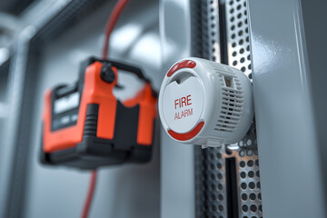 Fire alarm evacuation installation concept. A fire alarm and emergency battery charger are mounted on a wall, emphasizing safety and preparedness in a modern setting.