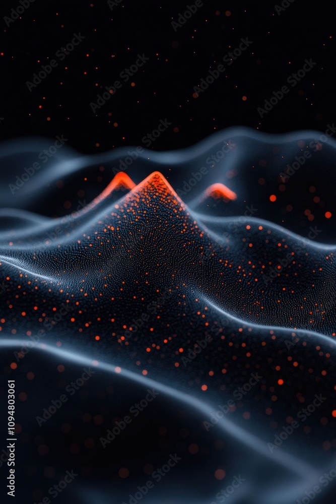 Poster glowing peaks and waves in a dark setting with floating particles