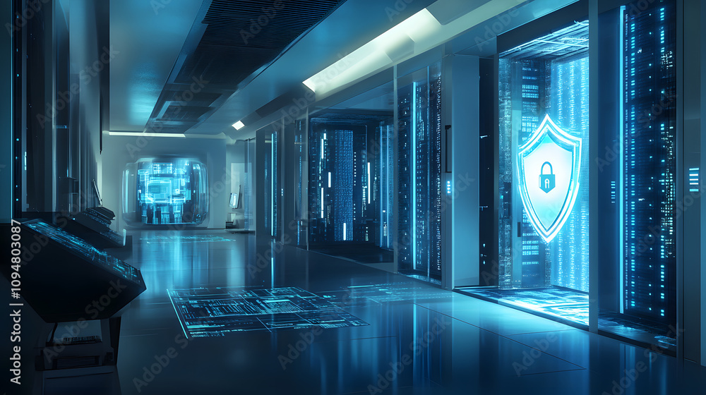 Canvas Prints digital illustration of cybersecurity and data centre protection. shield icon with a padlock symbol 