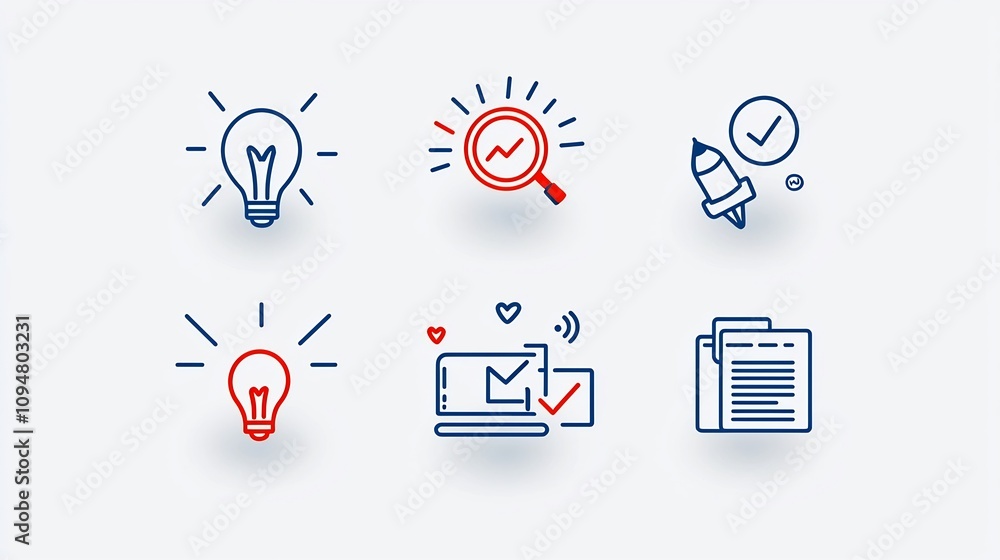Poster Set of Unique Digital Marketing Outline Icons Showcasing Various Business Tasks Like Content Creation Performance Tracking Project Planning and Achieving Targets