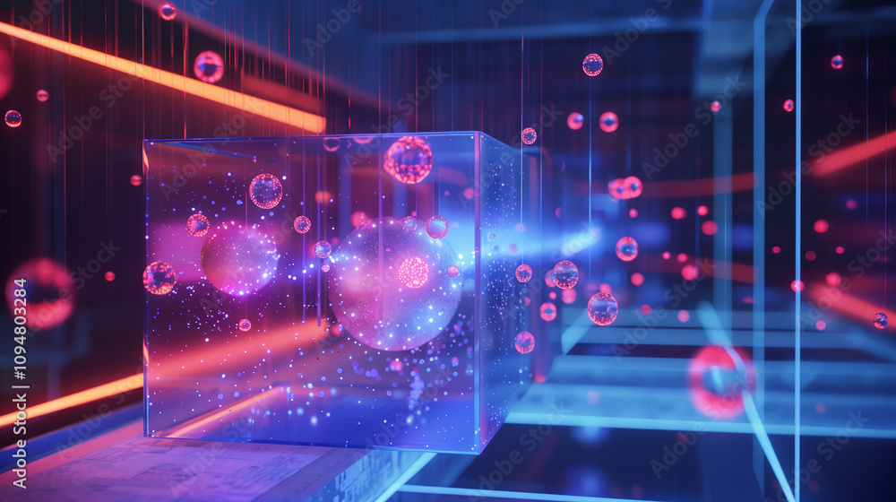 Poster a vibrant visualization of quantum cryptography in action, with glowing ar particles encrypting data