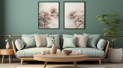 A mint-colored wall complements a rustic coffee table in this farmhouse living room. Framed posters bring Scandinavian charm.