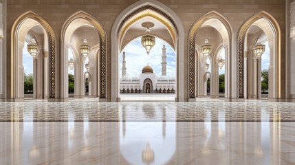 Fototapeta premium Serene mosque window features Islamic arches and geometric designs, highlighting a golden sunset and city skyline, casting gentle shadows inside
