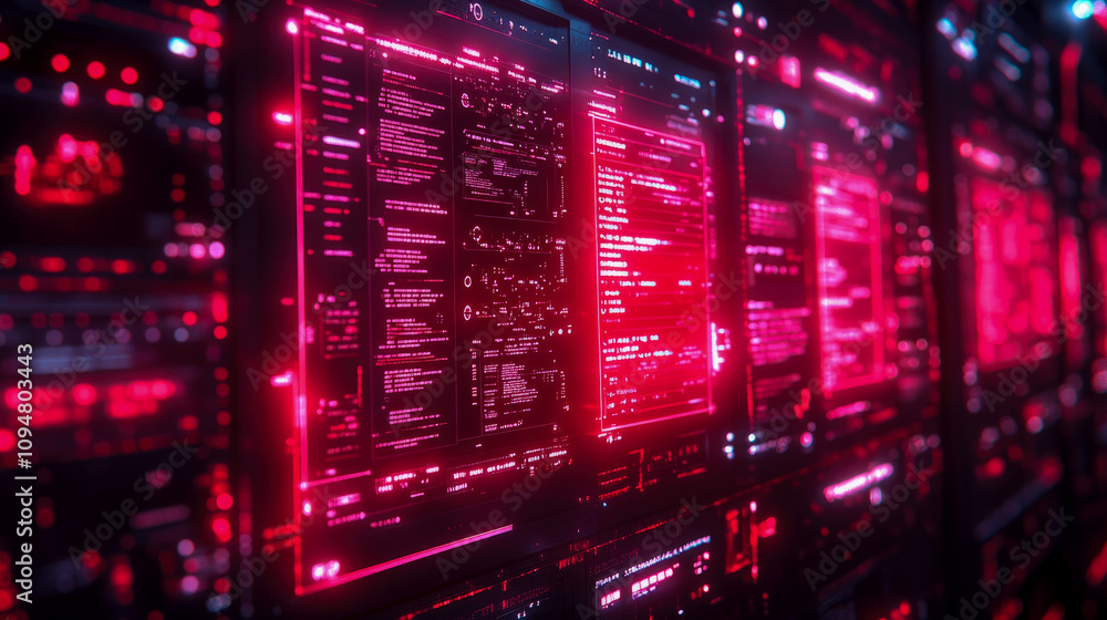 Poster a high-tech digital interface presents intricate information in vivid red hues, resembling an advanc