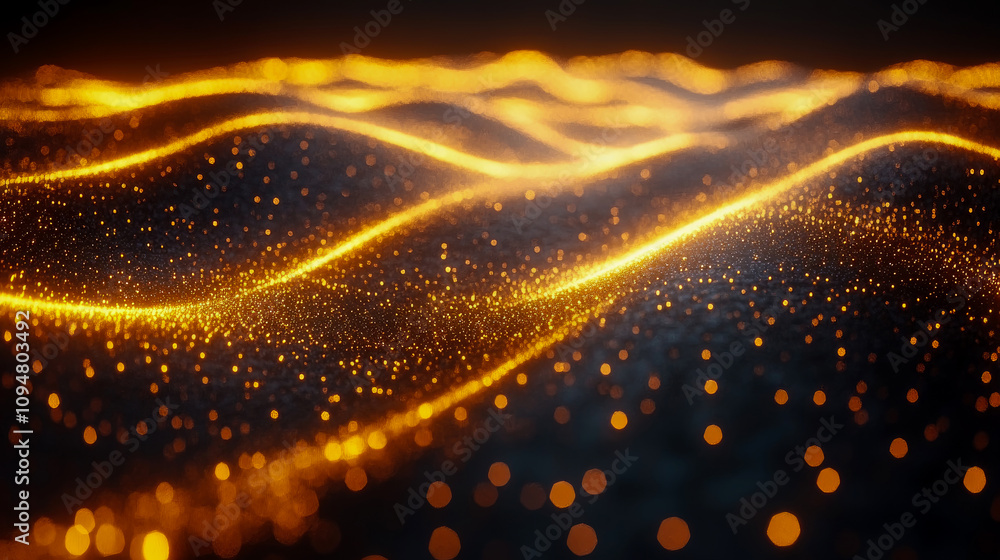 Poster golden waves filled with shimmering particles undulate gracefully, creating a hypnotic effect agains
